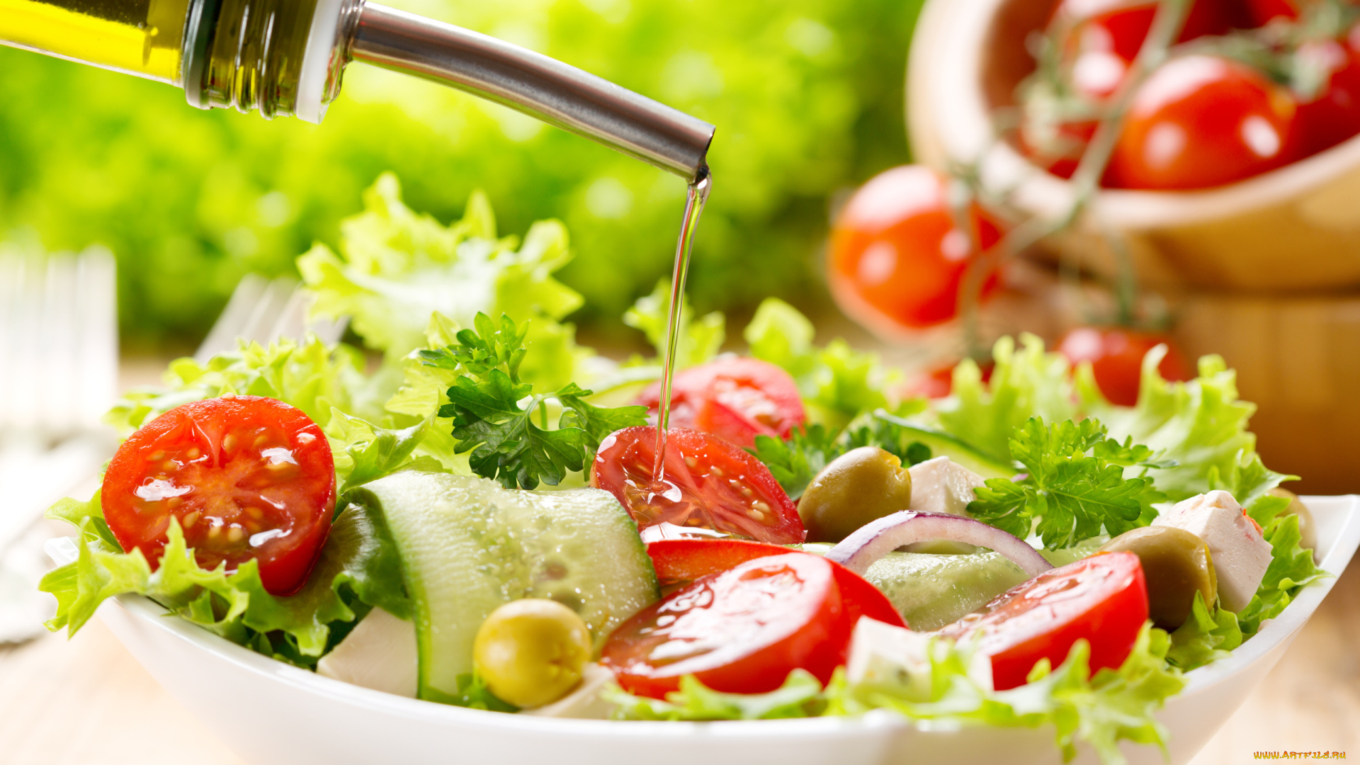 еда, салаты, , закуски, масло, салат, огурец, помидоры, оливки