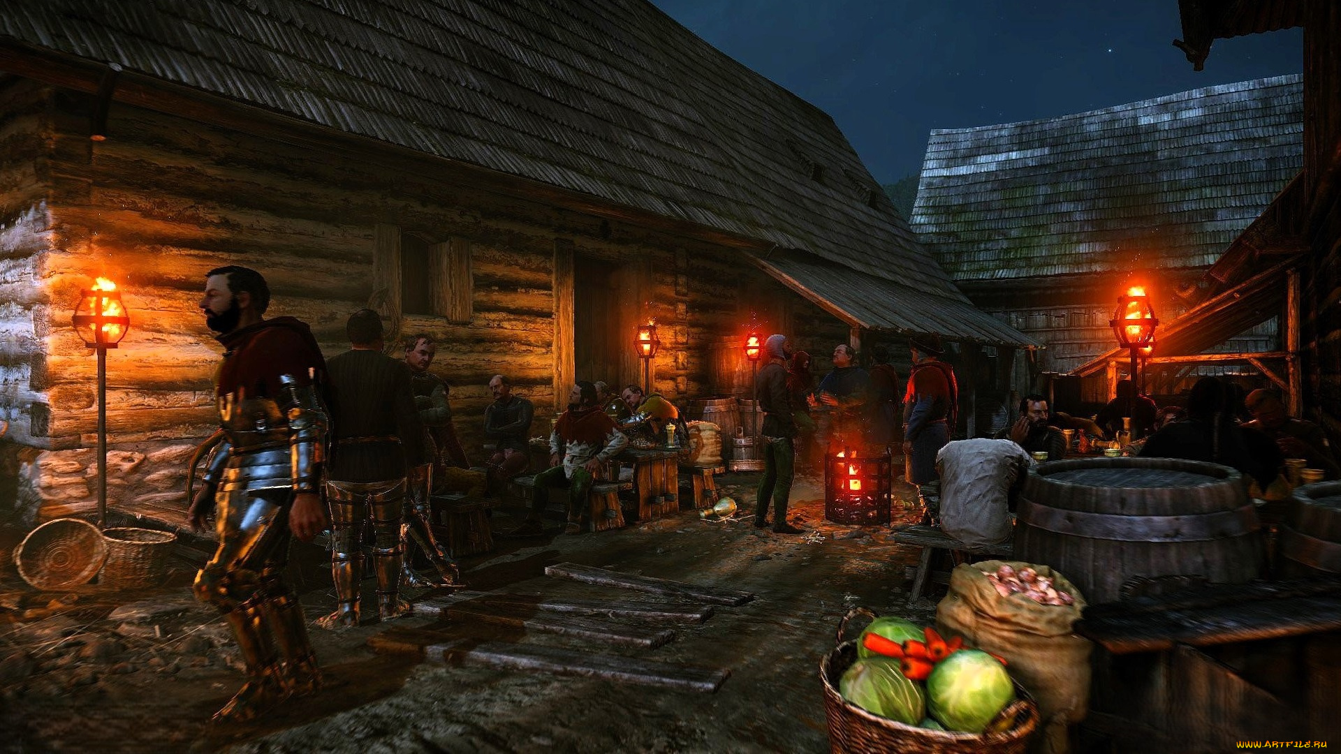 видео, игры, kingdom, come, , deliverance, деревня, дома, люди, рыцари, бочка, овощи, стол