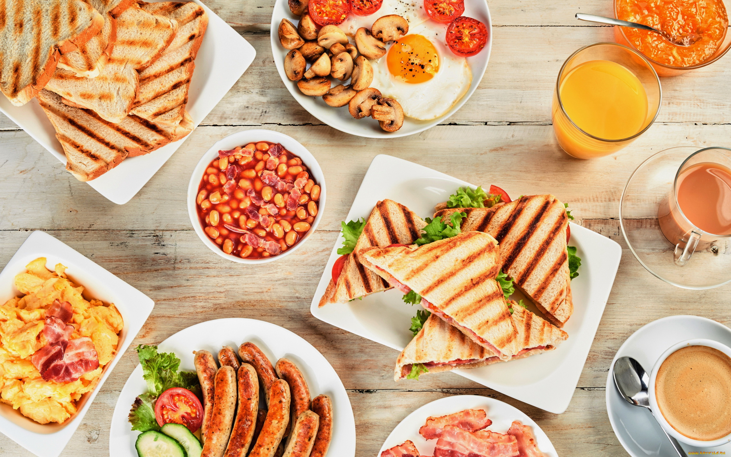 еда, разное, завтрак, фасоль, яичница, бутерброды, тосты, кофе, сок