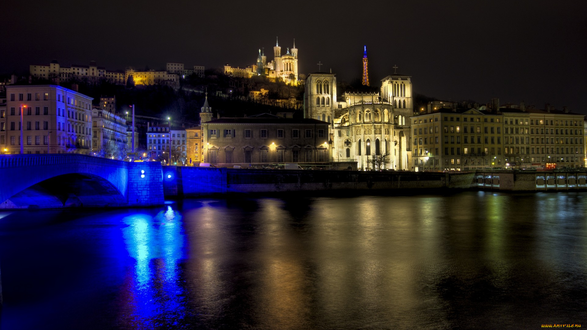 notre, dame, in, lyon, города, огни, ночного, france