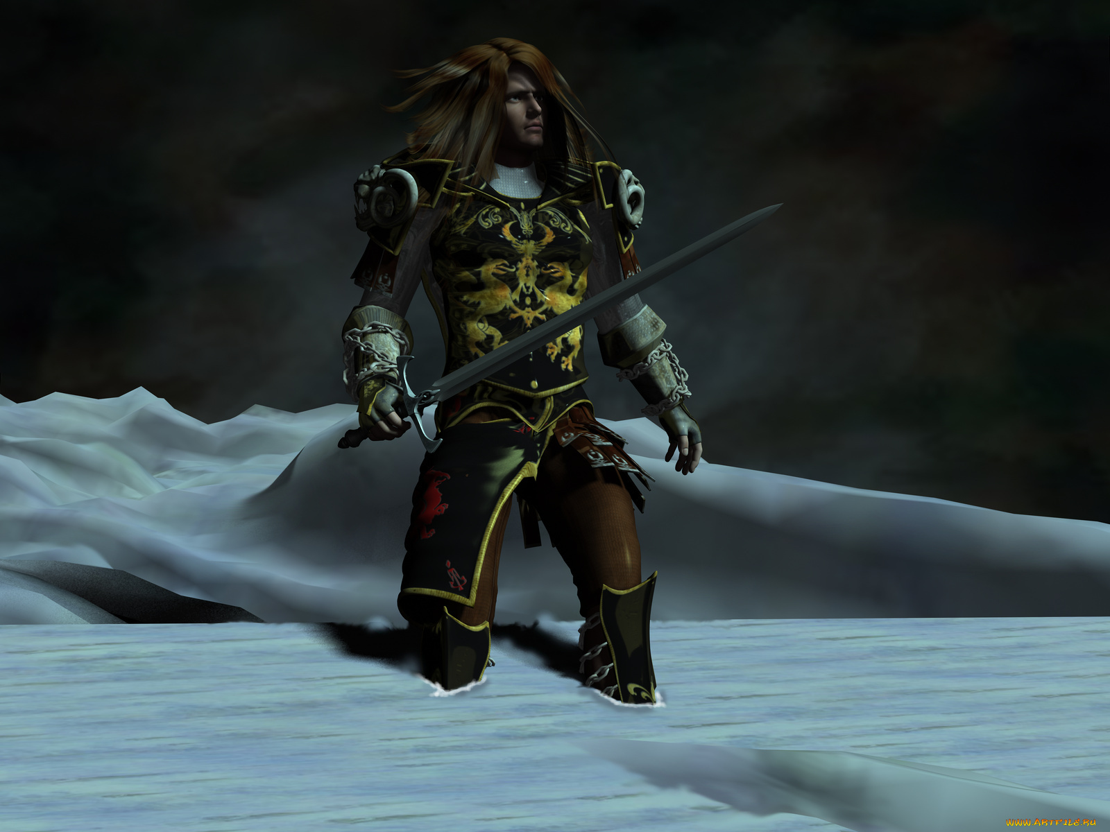 3д, графика, fantasy, фантазия, мечь, снег