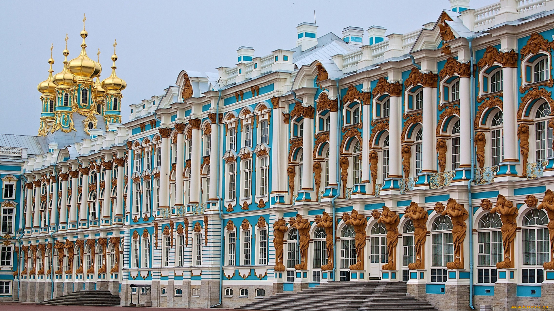 екатерининский, дворец, санкт, петербург, города, петергоф, россия, лестница, окна, купола