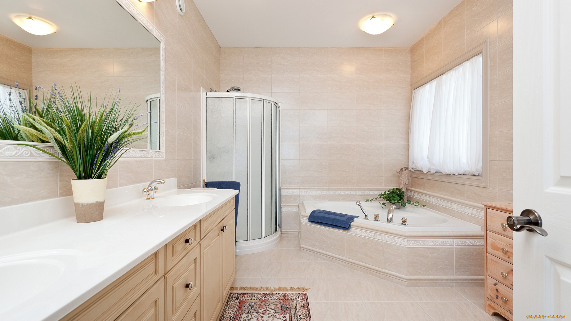 интерьер, ванная, туалетная, комнаты, ванна, душ, цветы