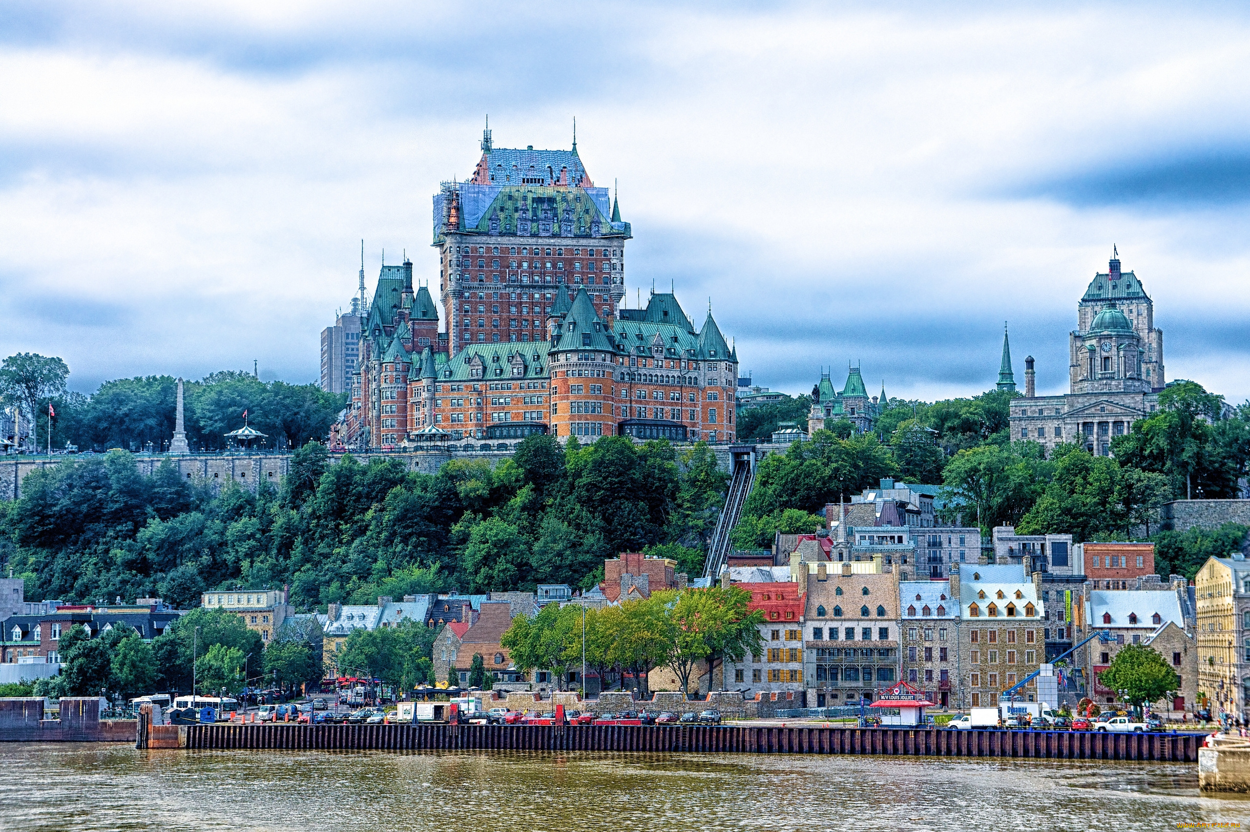 chateau, frontenac, quebec, canada, города, дворцы, замки, крепости, отель, набережная, река, квебек, канада, замок, фронтенак