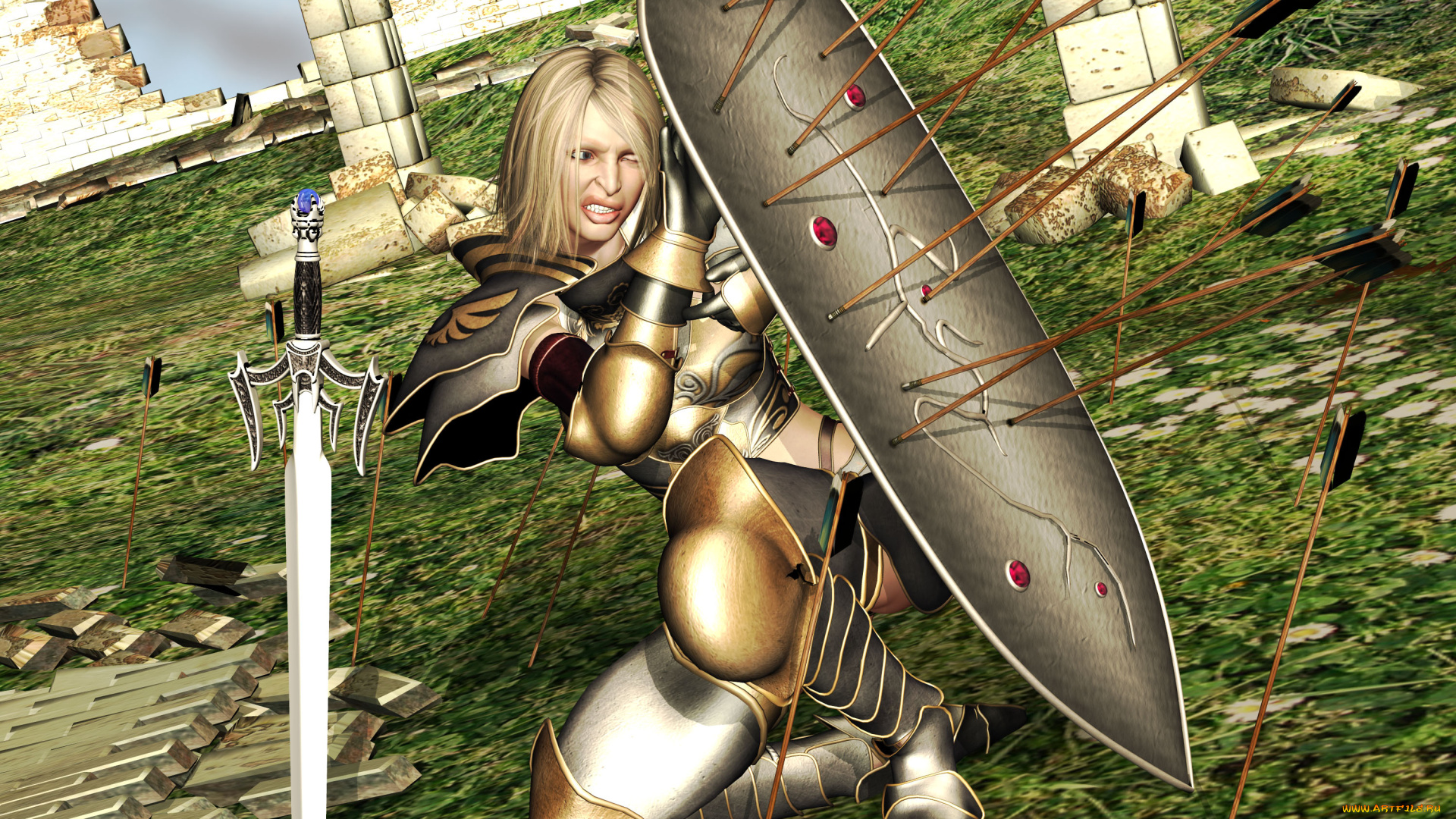 3д, графика, амазонки, , amazon, щит, стрелы, меч, девушка