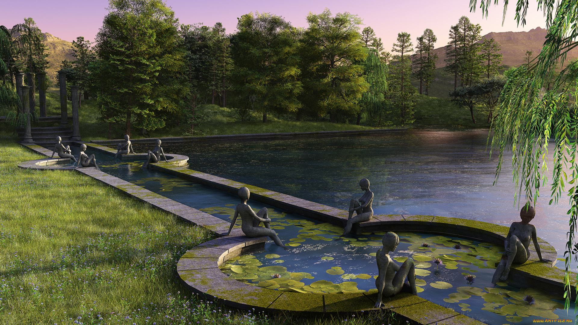3д, графика, природа, , nature, статуя, пруд, парк, рендер, закат, деревья, озеро