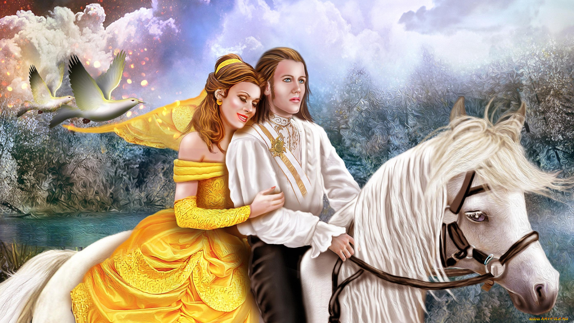 фэнтези, люди, конь, влюбленные