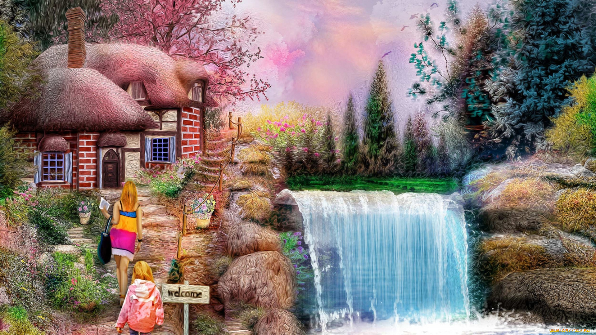 фэнтези, пейзажи, домик, вода