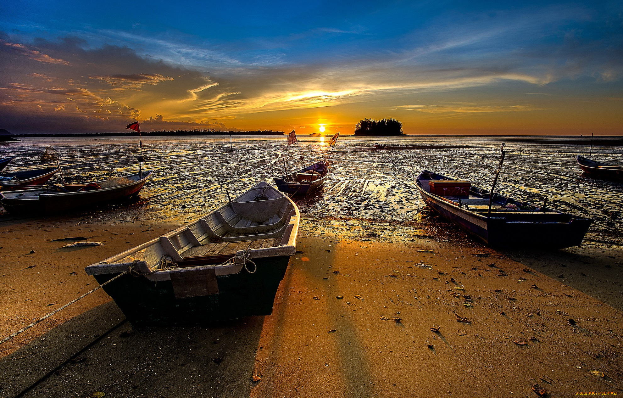 корабли, лодки, , шлюпки, океан, закат, пляж