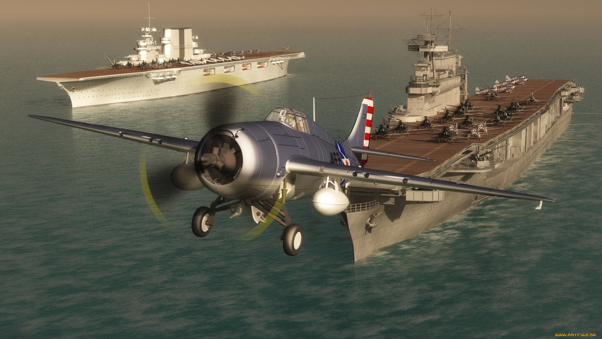 3д, графика, армия, , military, авианосцы, море, полет, облака, самолет