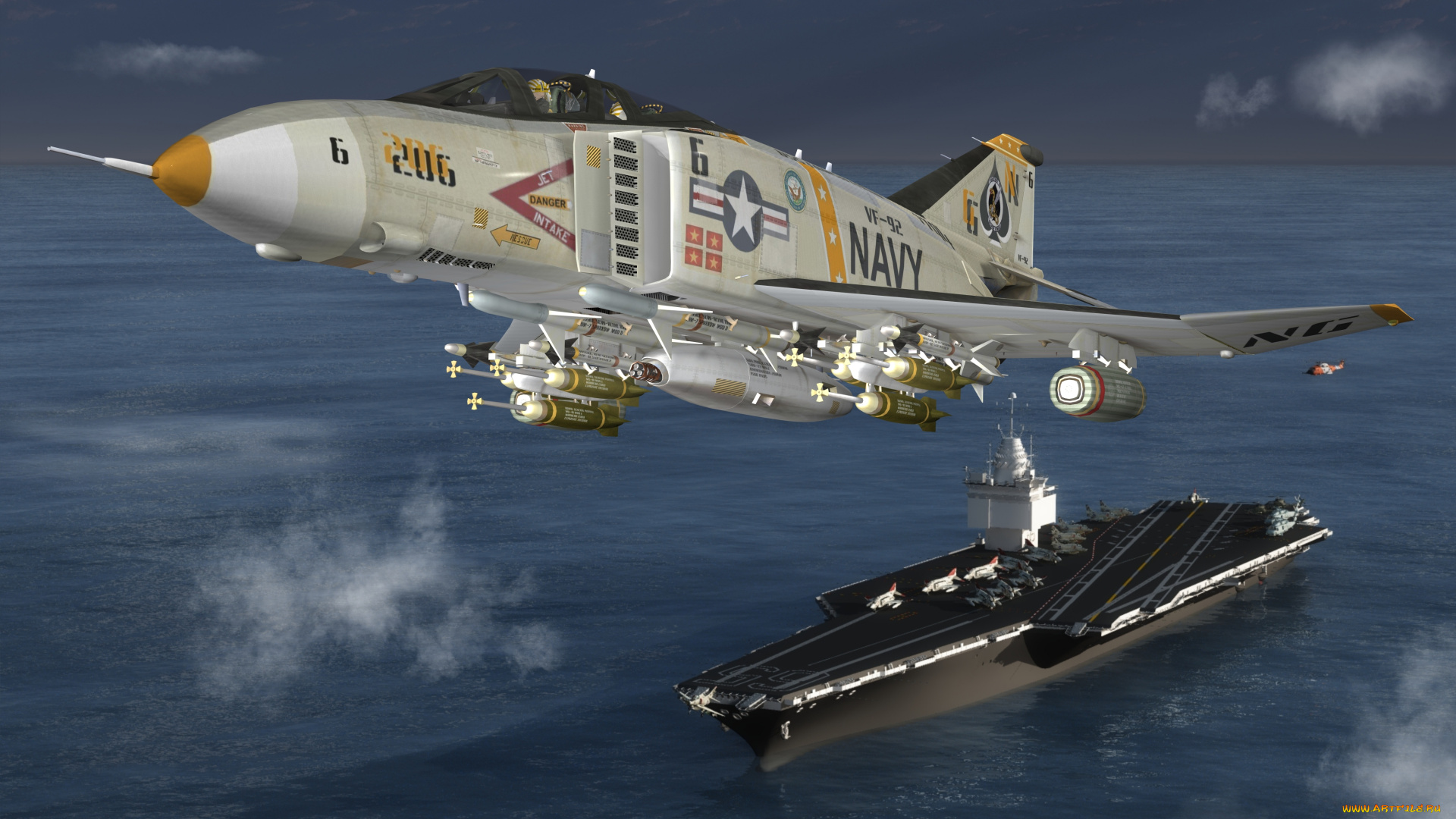 3д, графика, армия, , military, авианосец, море, полет, самолет