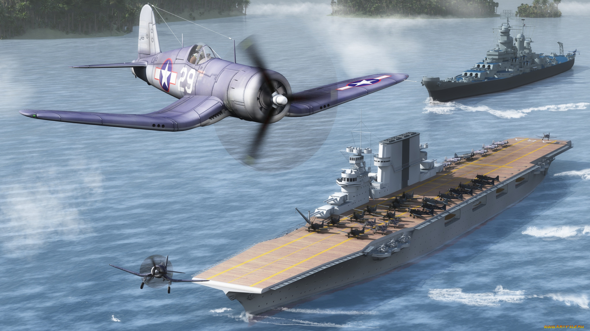 3д, графика, армия, , military, острова, волны, море, полет, корабли, самолеты