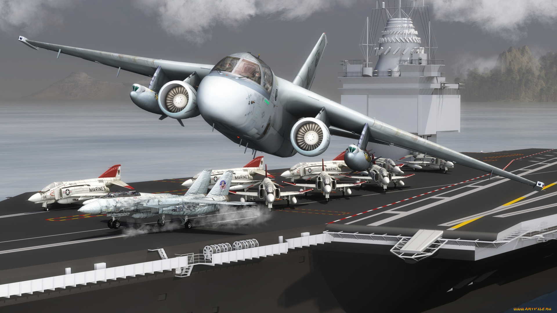 3д, графика, армия, , military, полет, самолет, авианосец, море