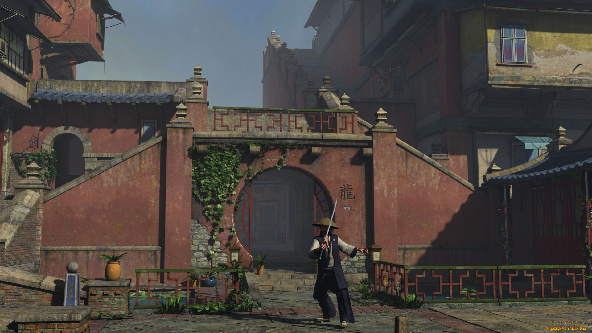 3д, графика, фантазия, , fantasy, катанна, строение, фон, взгляд, мужчина