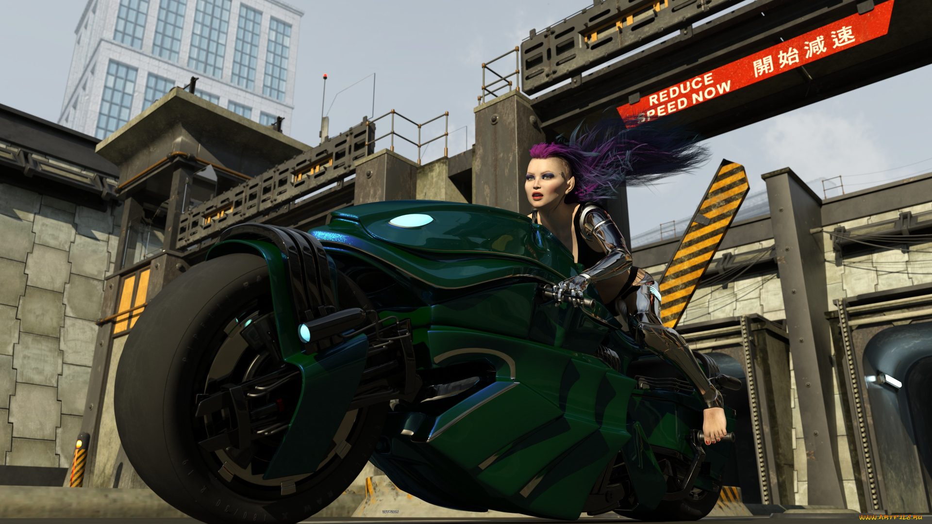 3д, графика, фантазия, , fantasy, мотоцикл, фон, девушка, взгляд