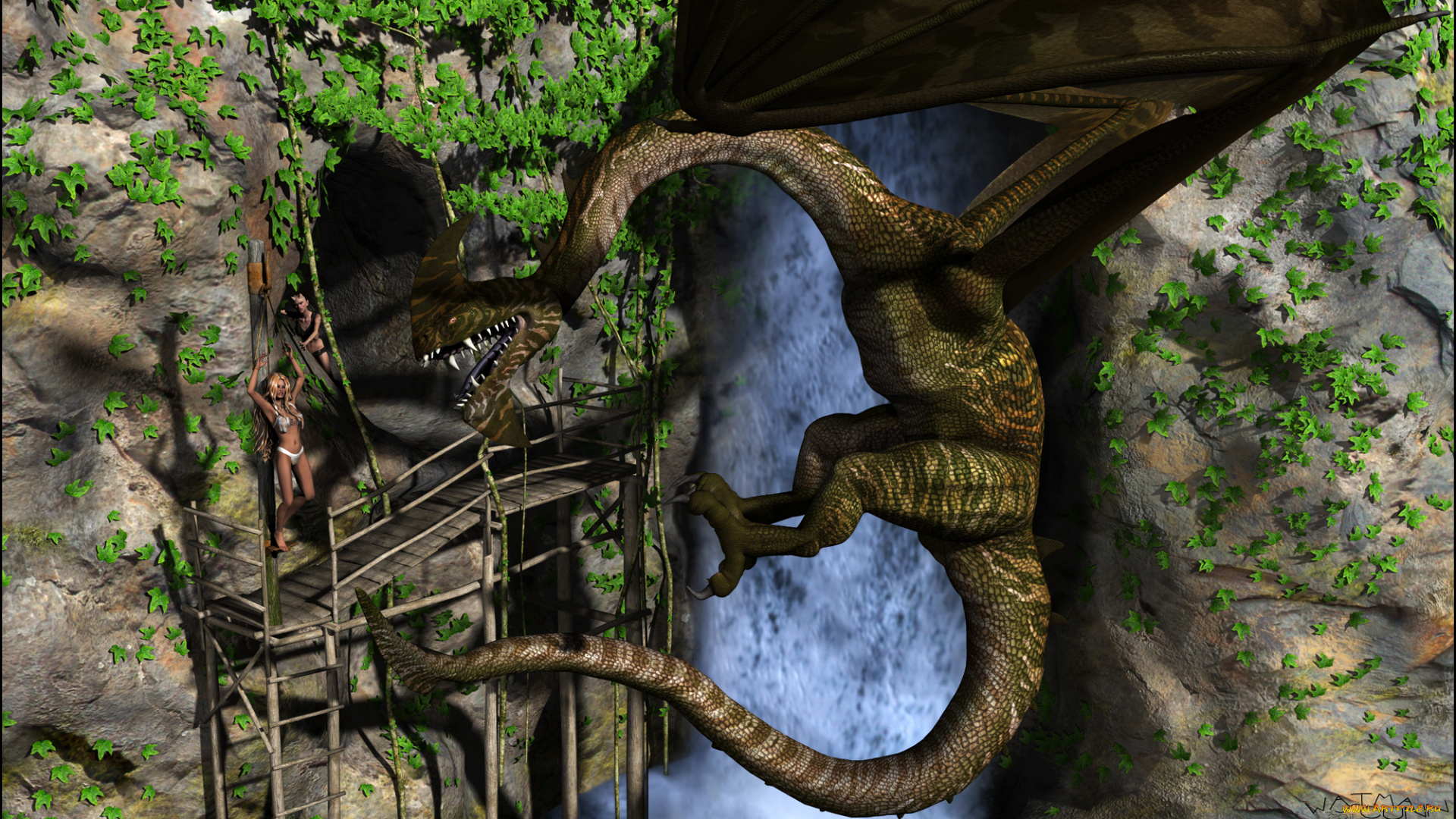 3д, графика, фантазия, , fantasy, растение, дракон, водопад, взгляд, фон, скалы, пещера, девушки