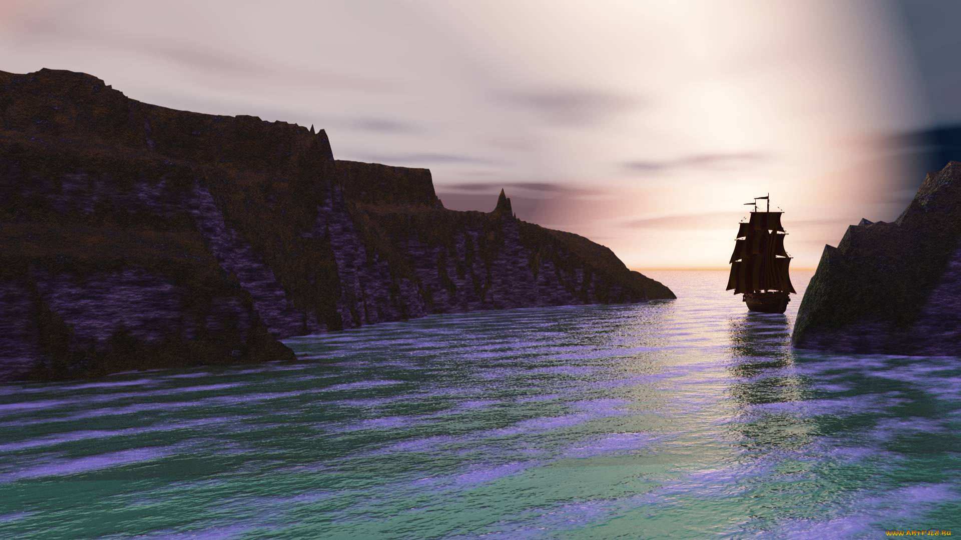 3д, графика, море, , sea, парусник, закат, залив, море, скалы