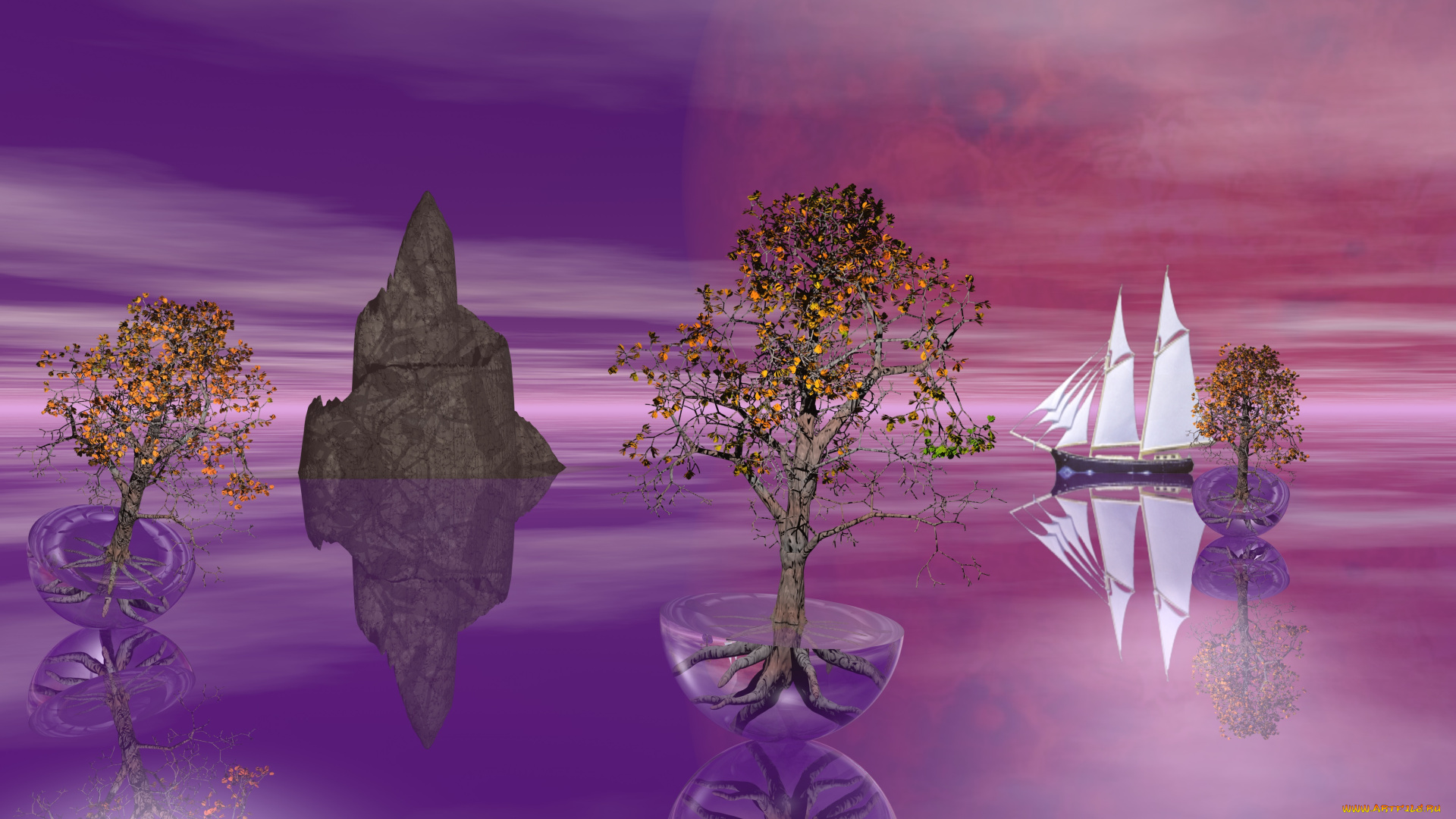 3д, графика, море, , sea, планета, парусник, деревья, море