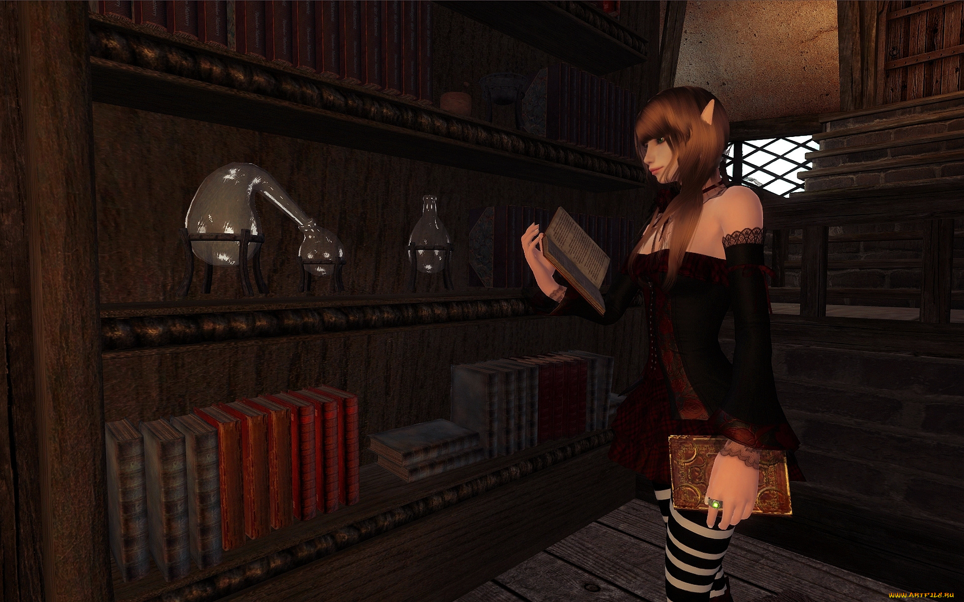 3д, графика, эльфы, , elves, книги, взгляд, фон, эльфийка