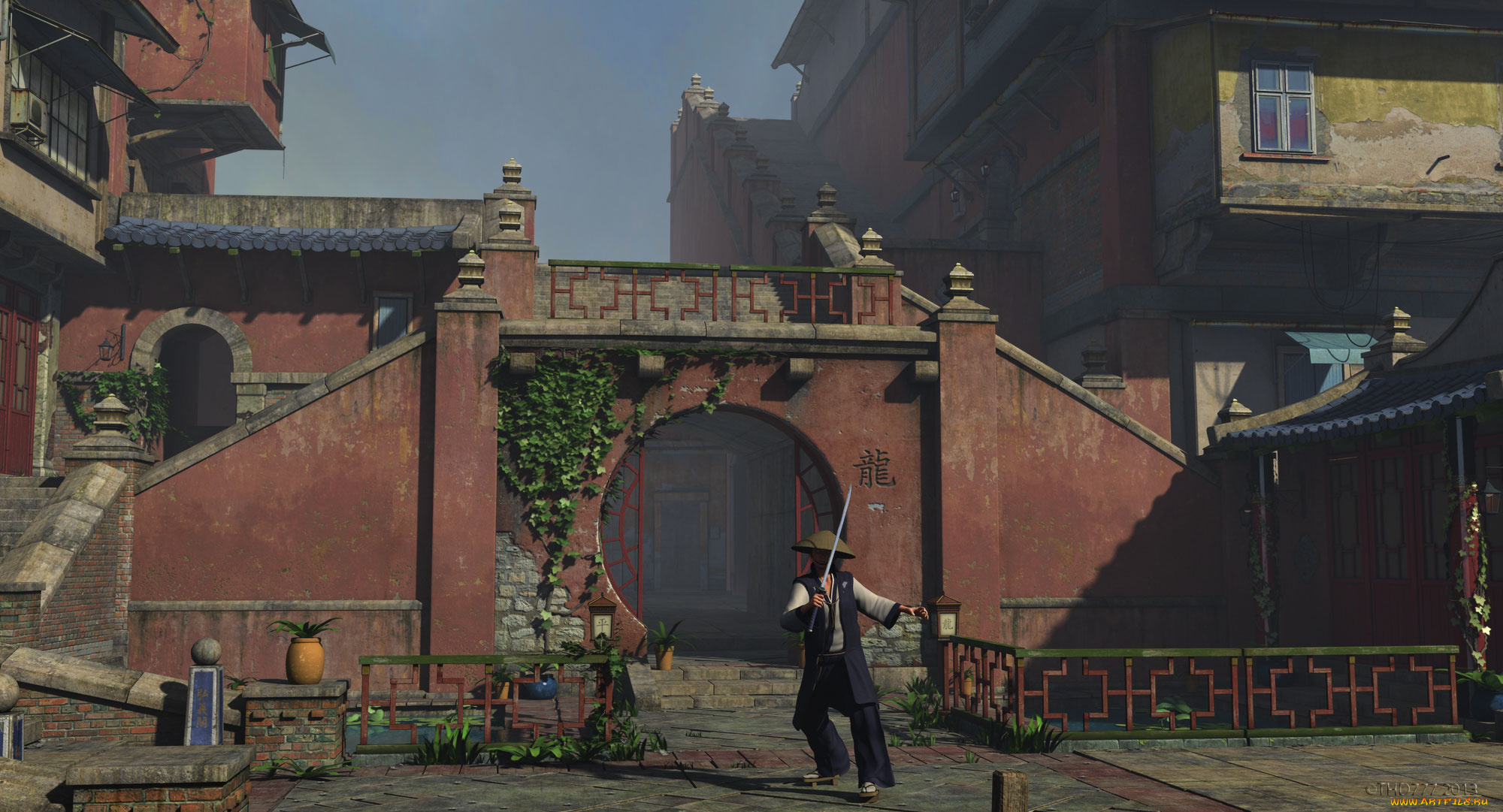 3д, графика, фантазия, , fantasy, катанна, строение, фон, взгляд, мужчина