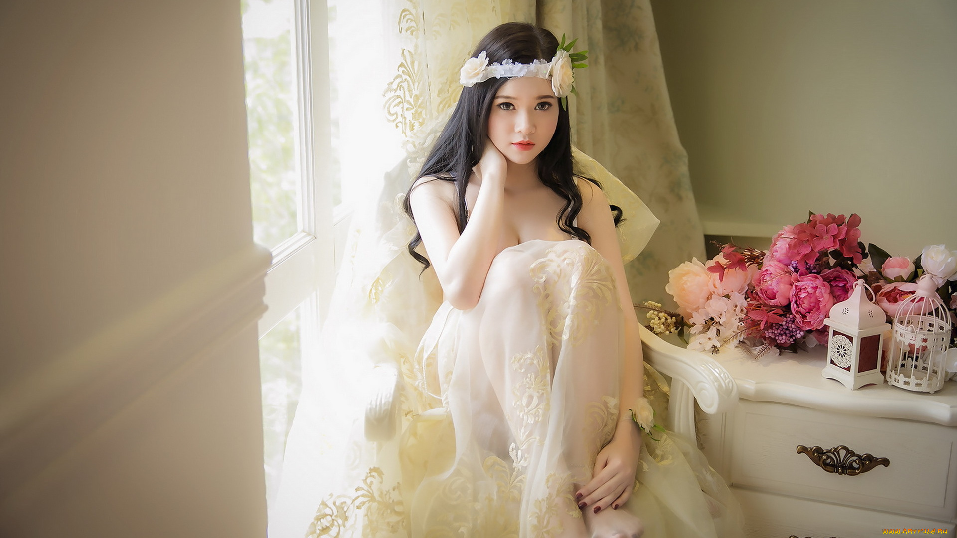 девушки, -unsort, , азиатки, азиатка, взгляд, цветы, девушка