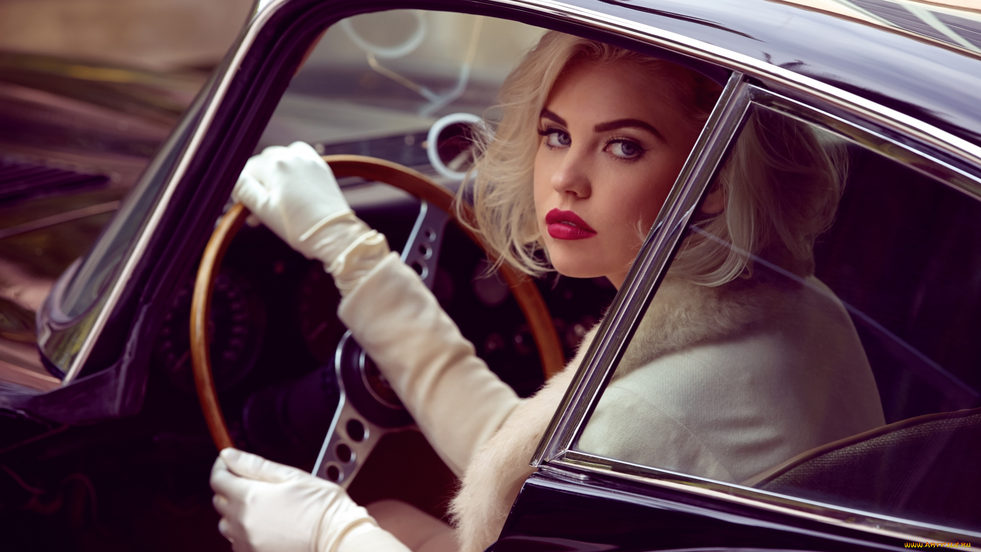 девушки, kayslee, collins, блондинка, машина, перчатки, пальто, мех