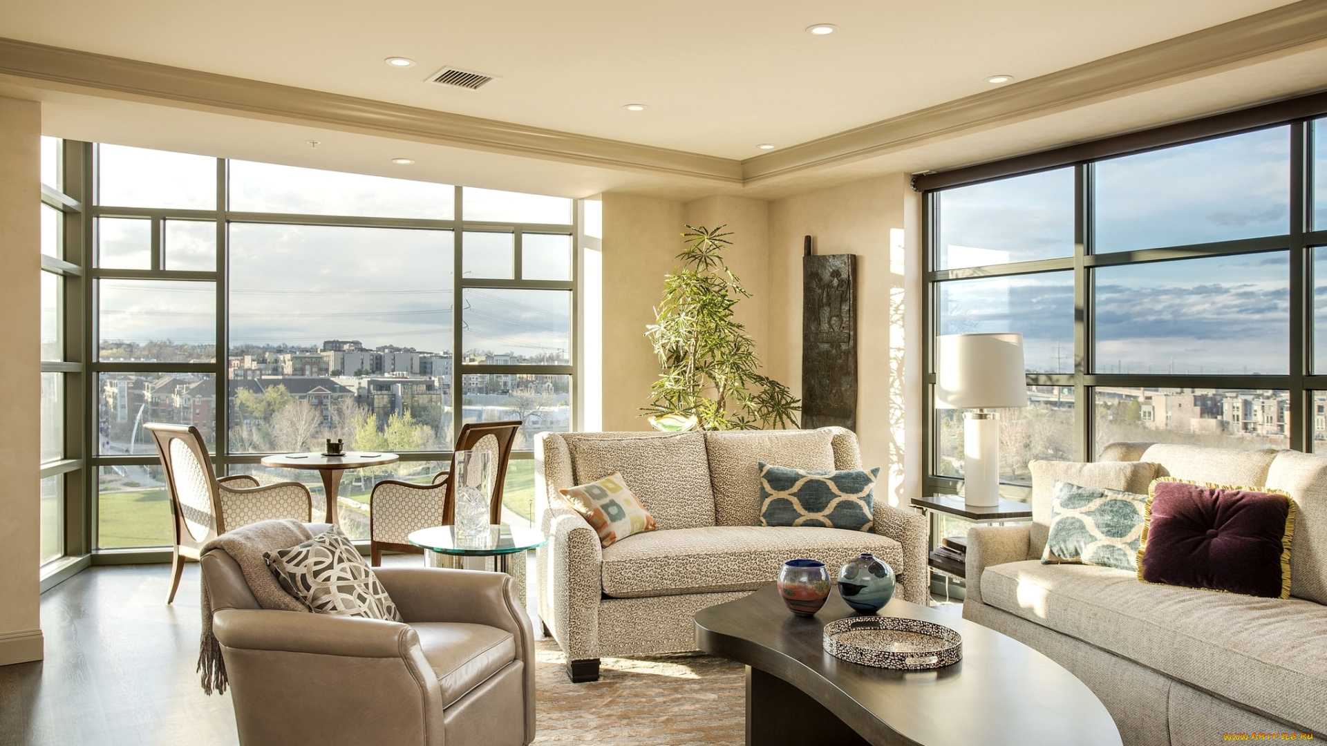 интерьер, гостиная, окна, стол, стиль, кресло, диван, дизайн