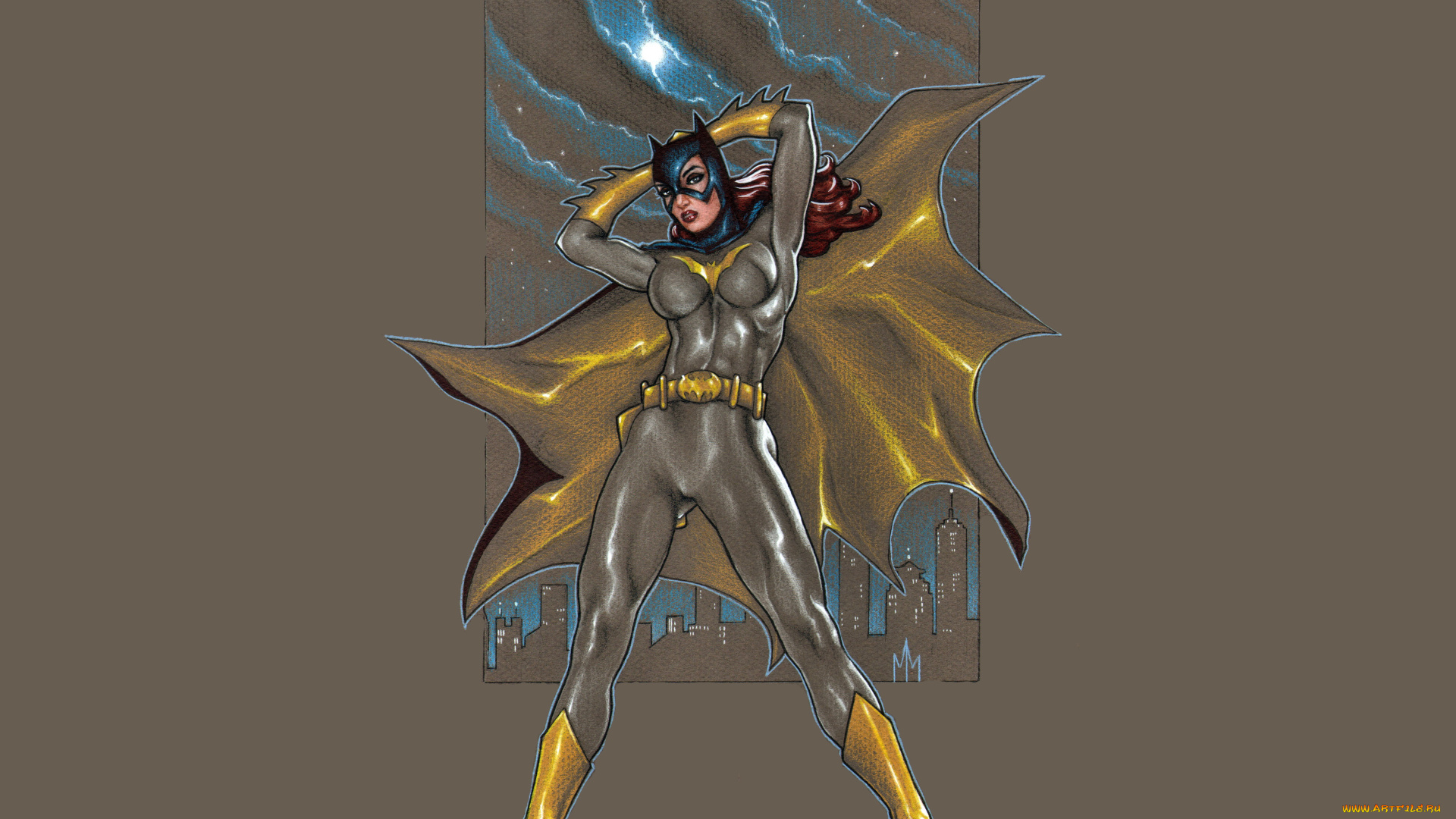 рисованное, комиксы, фон, девушка, униформа, маска, взгляд, плащ