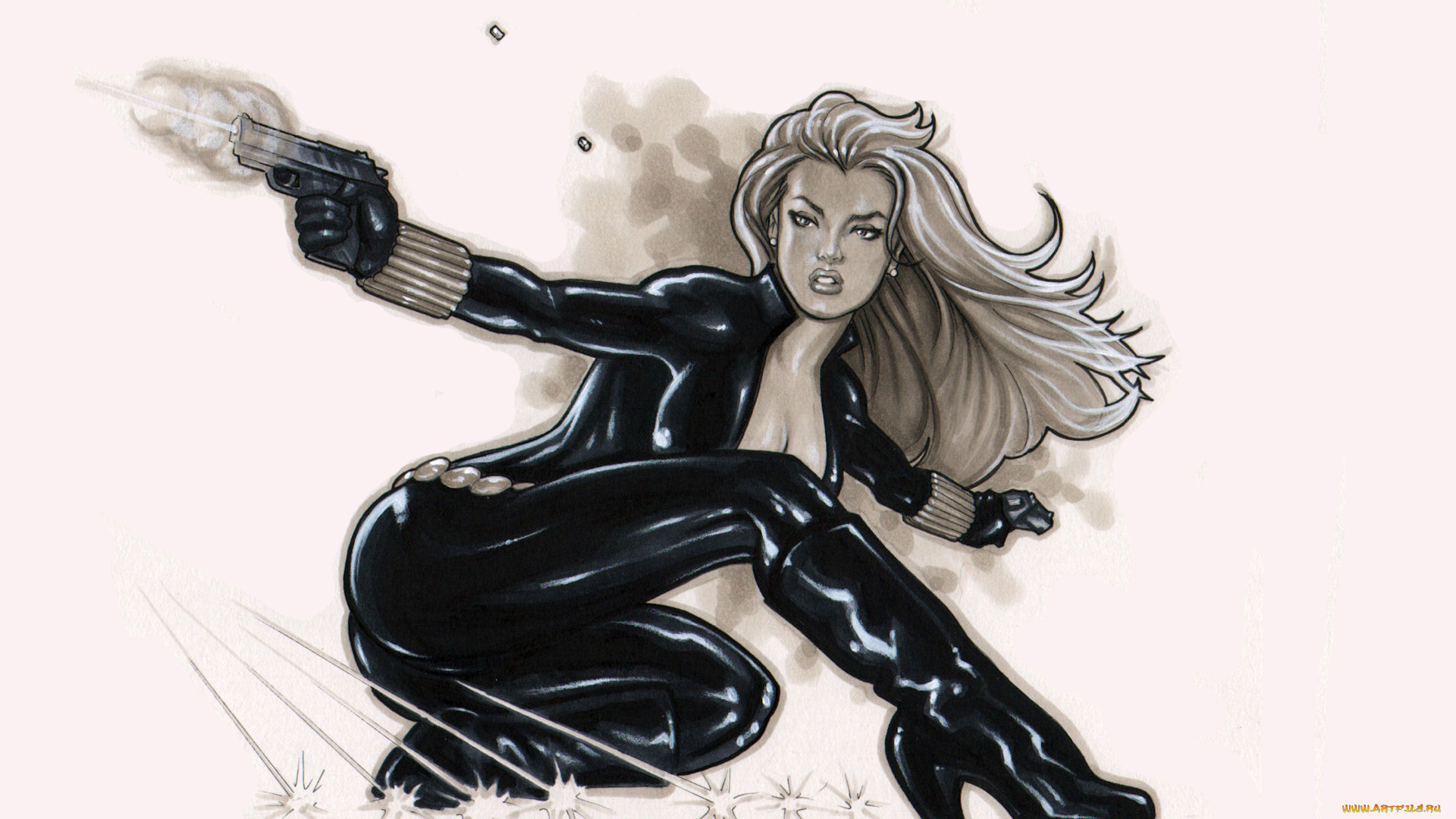 рисованное, люди, пистолет, латекс, униформа, взгляд, фон, девушка