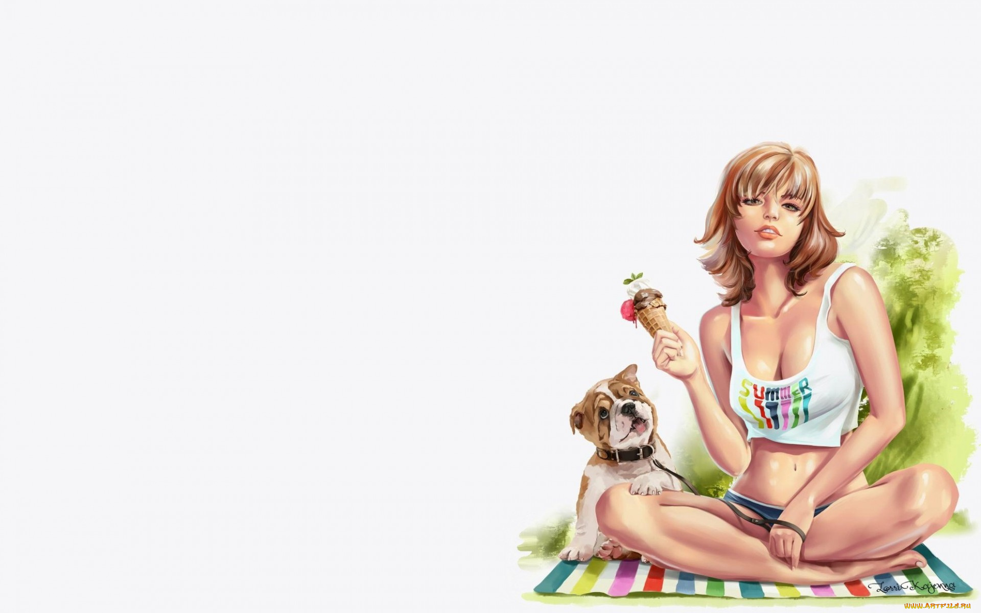 рисованное, люди, лето, отдых, собака, арт, девушка, жара, lorri, kajenna, мороженое
