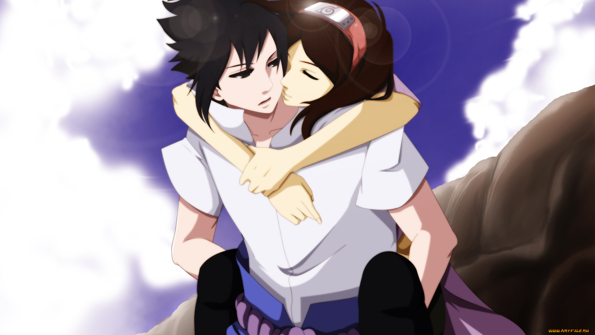 аниме, naruto, небо, скалы, саске, девушка, учиха