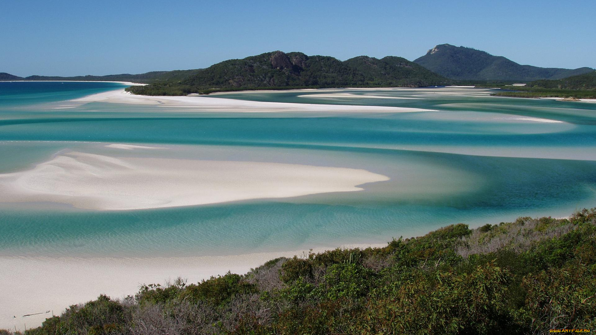 природа, побережье, отмели, берег, море, горы