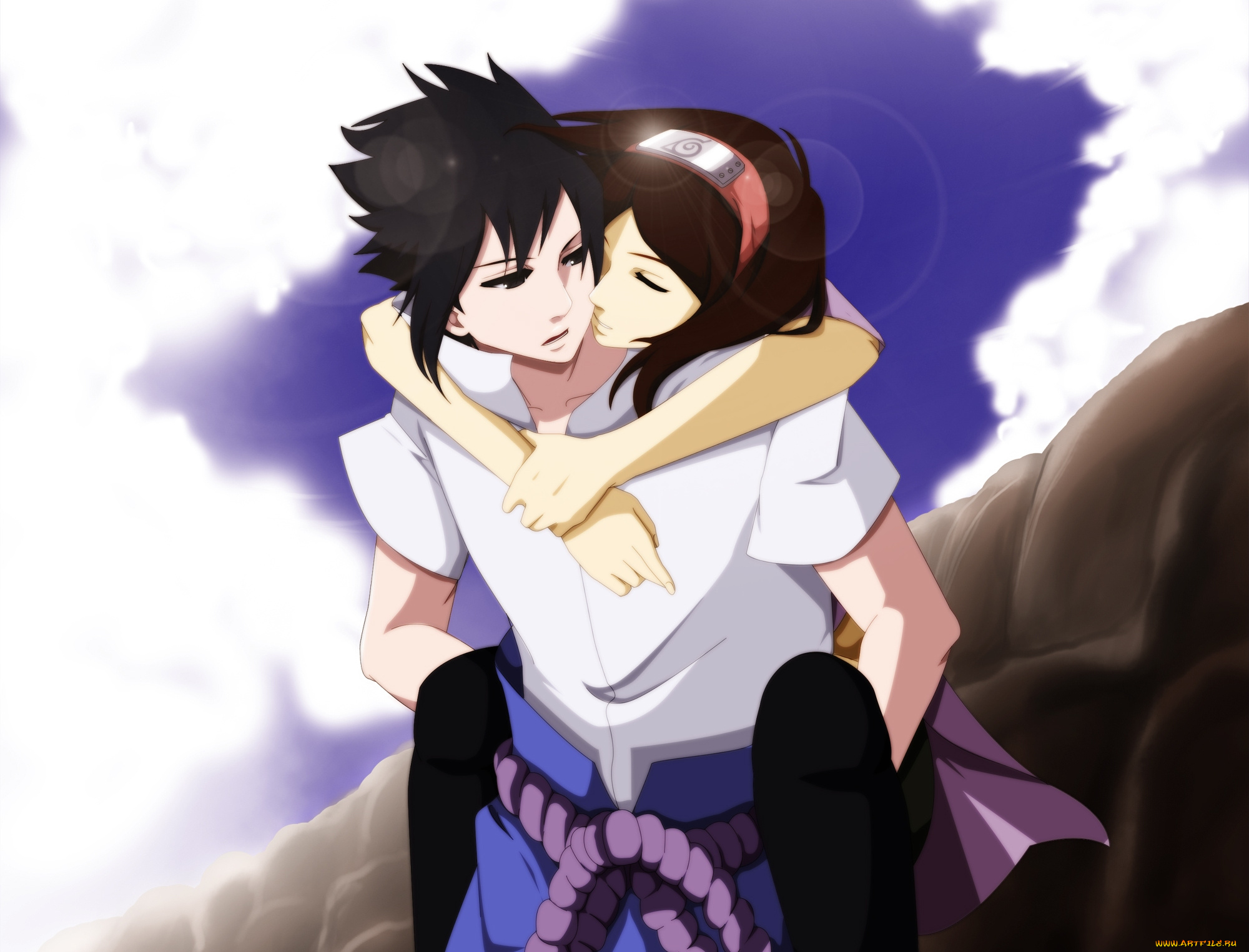 аниме, naruto, небо, скалы, саске, девушка, учиха