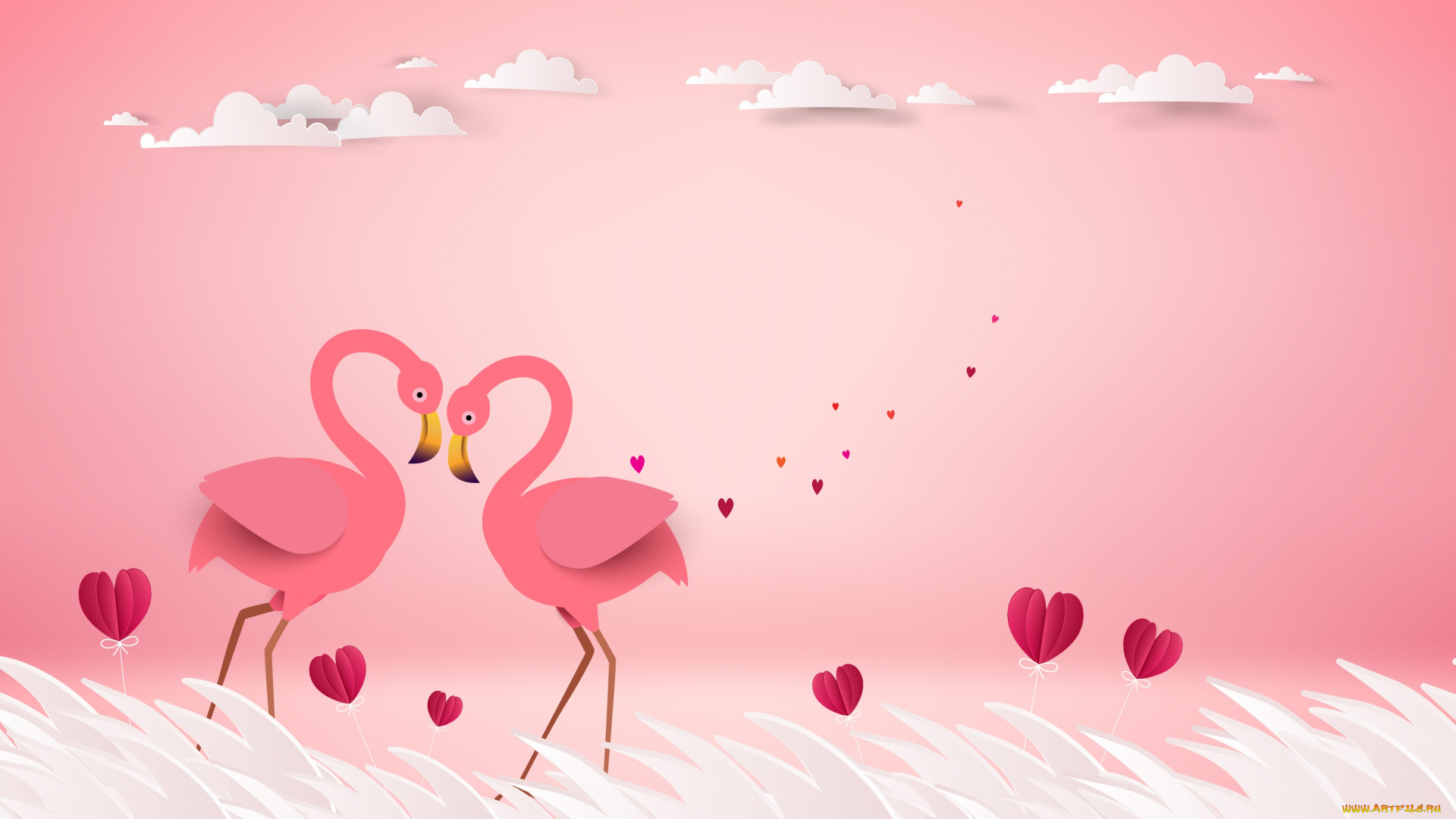 векторная, графика, животные, , animals, фламинго, рендеринг, любовь, пара, птицы, розовый, фон, сердечки