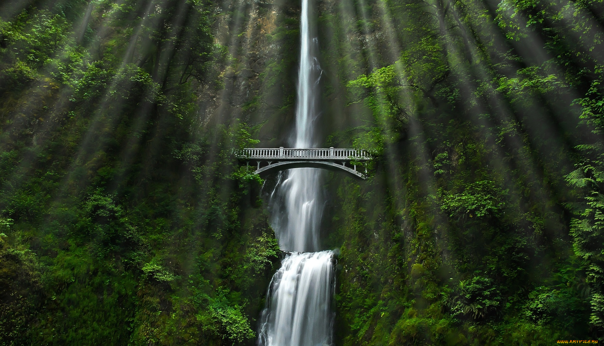 природа, водопады, водопад, обрыв, мост, зелень, лучи, деревья