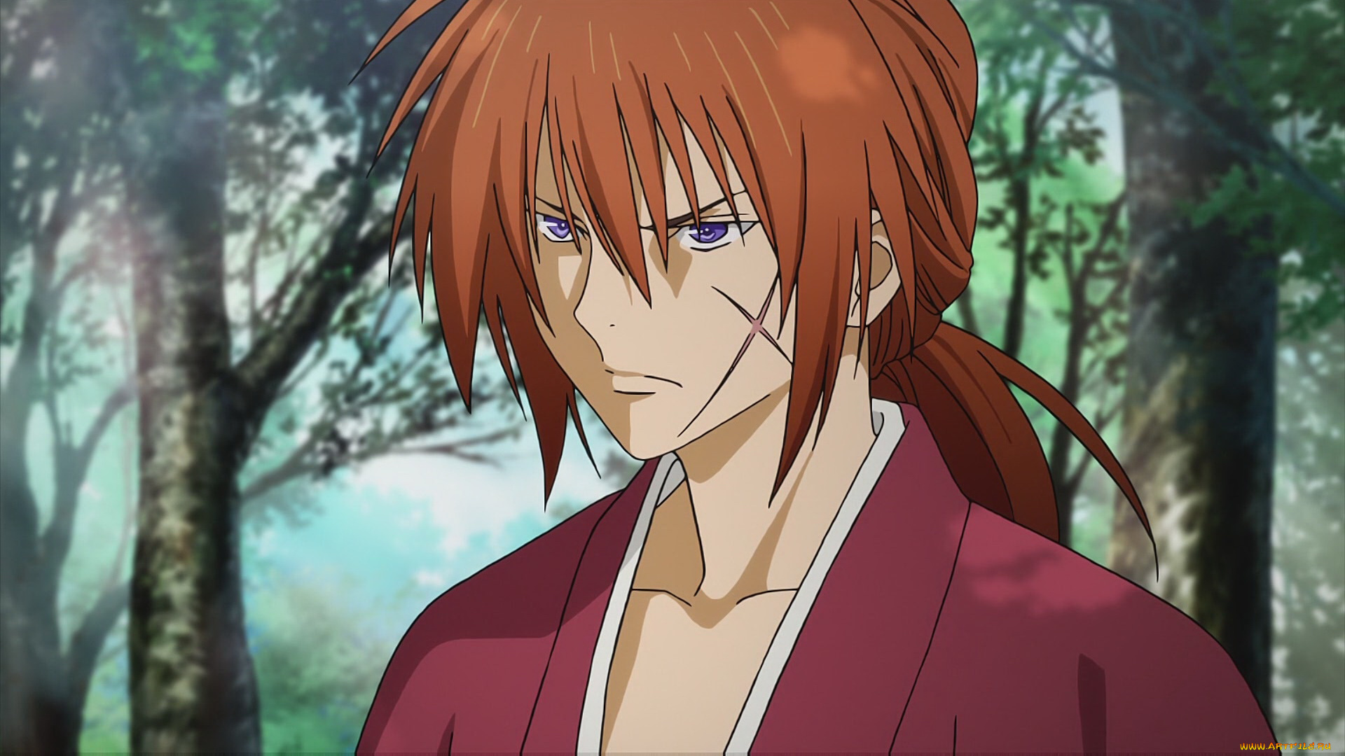 аниме, rurouni, kenshin, парень, лес, кимоно, шрам