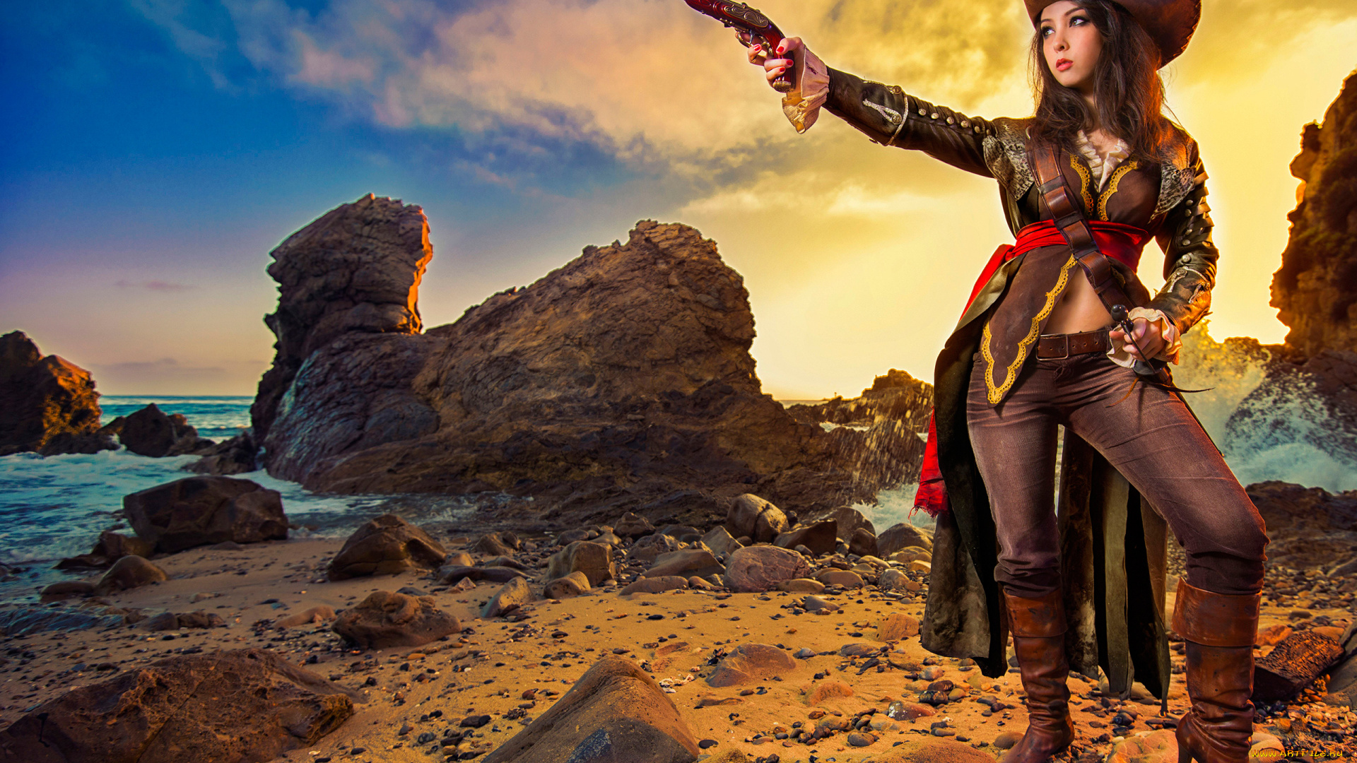 jaqueline, sparrow, разное, cosplay, , косплей, jaqueline, sparrow, девушка, модель, cosplay, пират, пистолет, треуголка, наряд, берег, море, корсар, флибустьер, поза, взгляд, макияж, закат, вода, камни