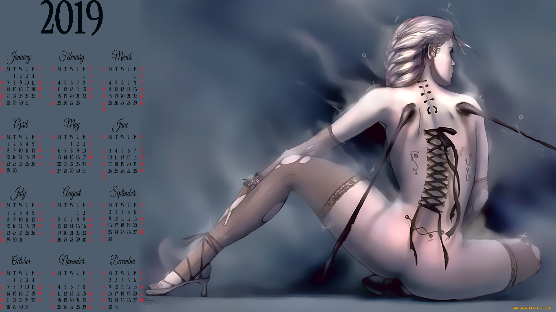календари, фэнтези, спина, женщина, calendar, 2019, девушка