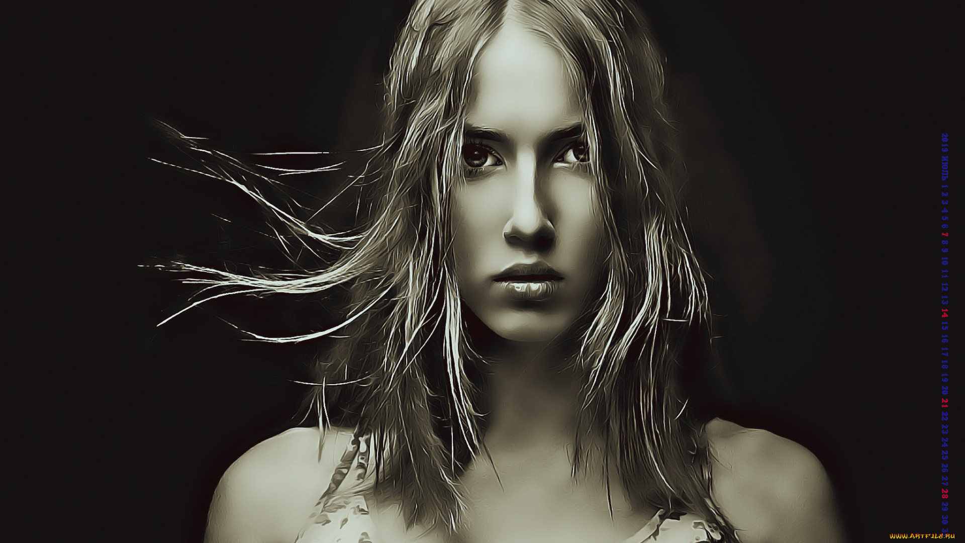 календари, компьютерный, дизайн, 2019, calendar, черный, фон, женщина, лицо, взгляд, девушка