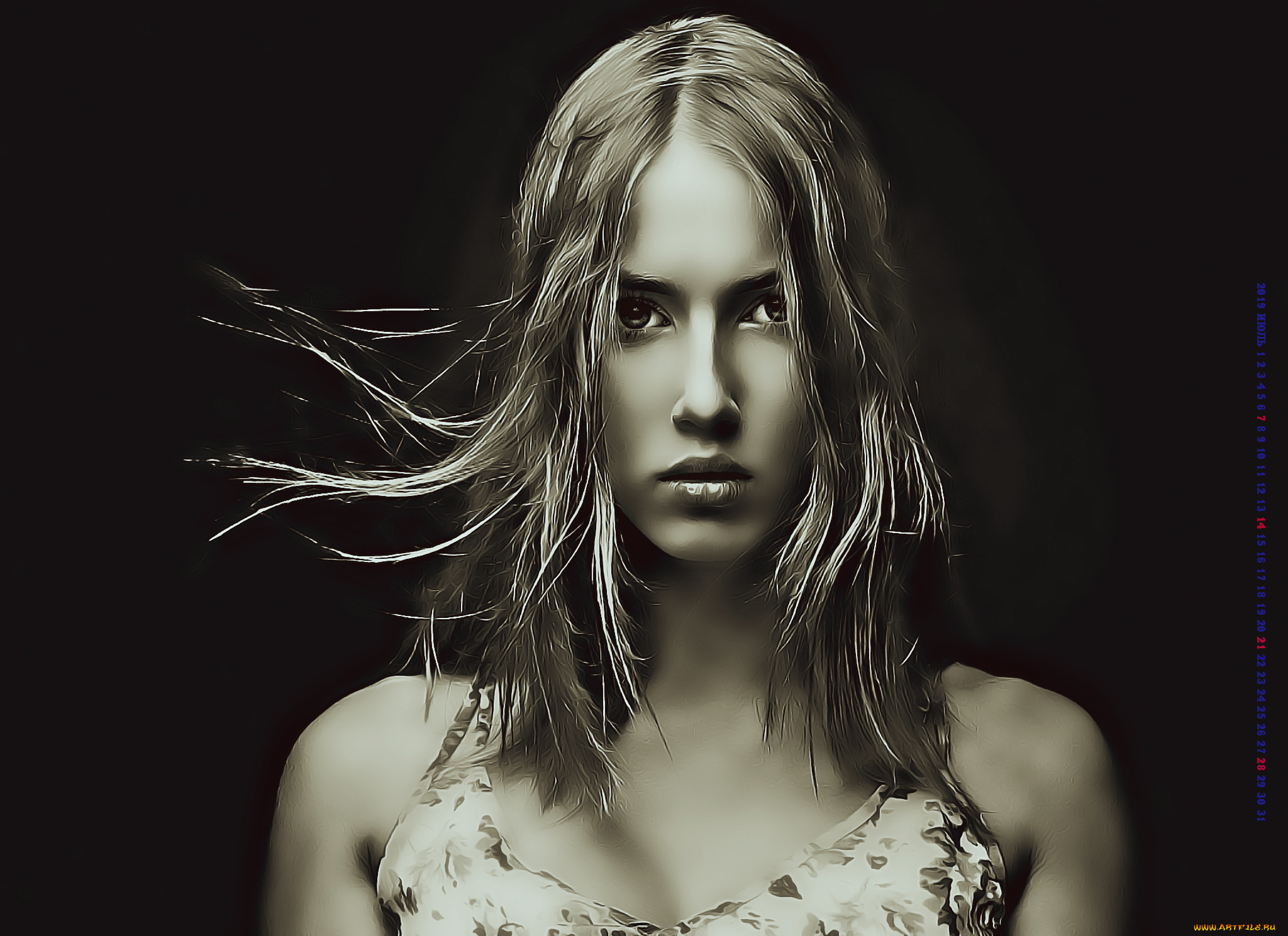 календари, компьютерный, дизайн, 2019, calendar, черный, фон, женщина, лицо, взгляд, девушка