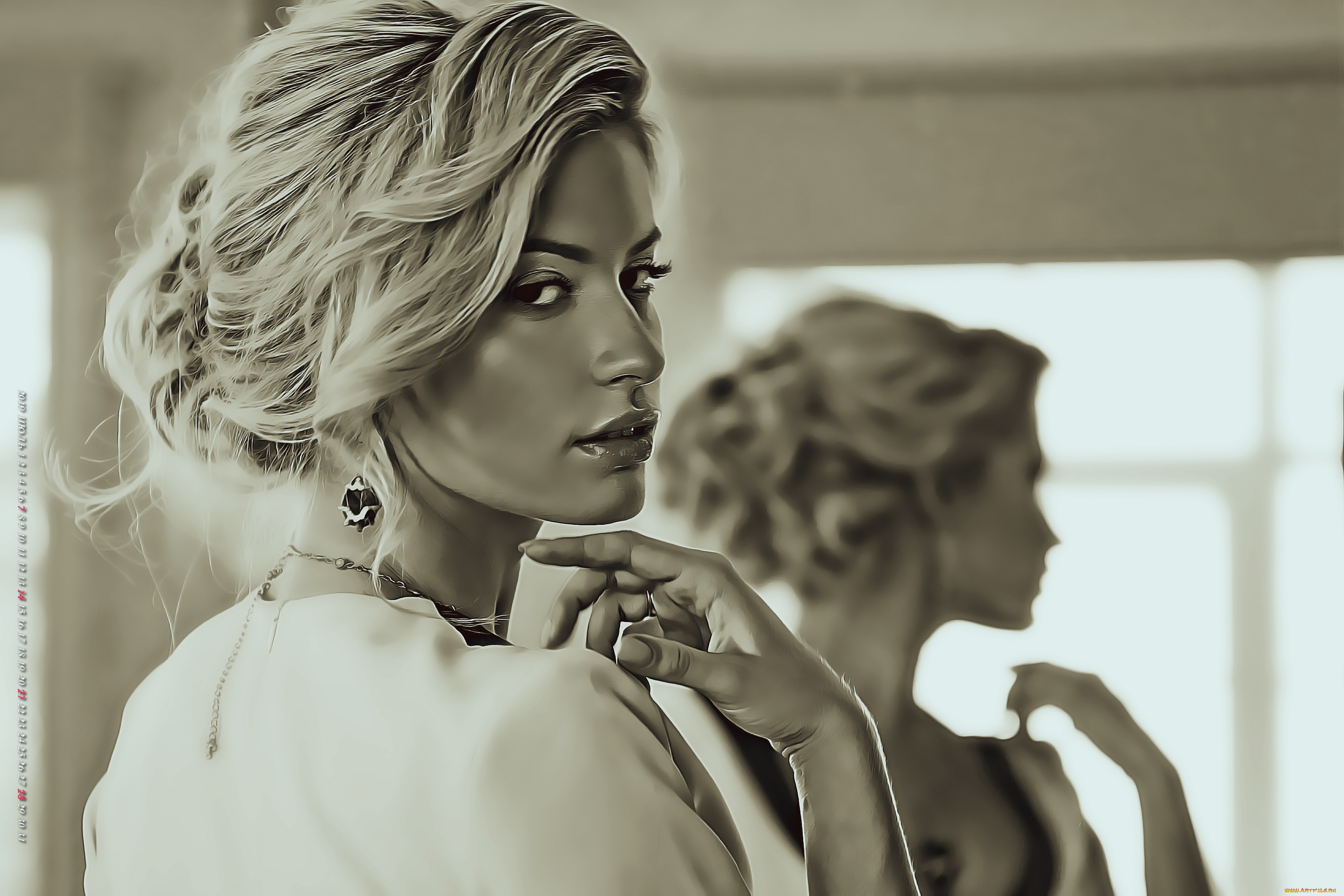 календари, компьютерный, дизайн, украшение, девушка, отражение, 2019, calendar, женщина, взгляд, лицо