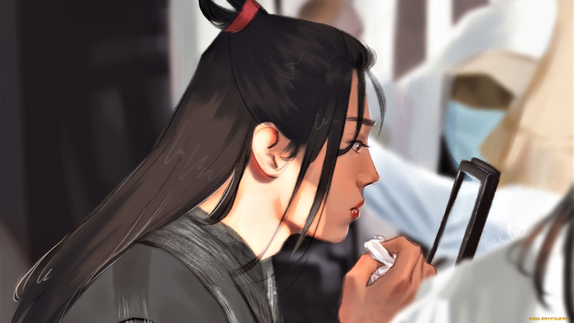 рисованное, люди, сяо, джань, костюм, смартфон