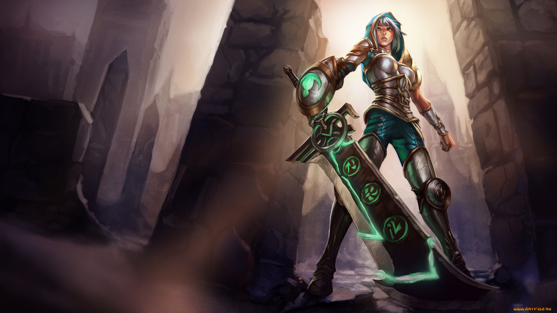 видео, игры, league, of, legends, девушка, фон, латы, меч, руны, riven