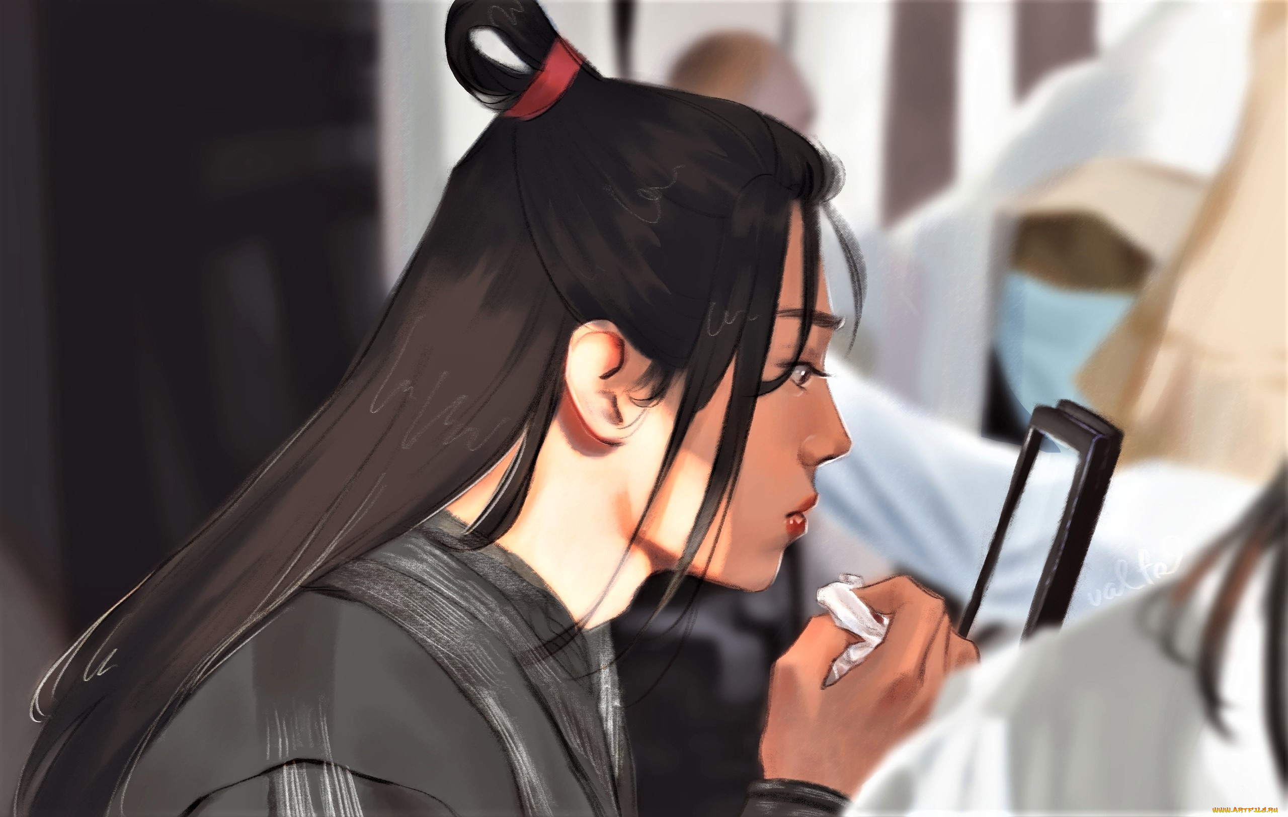 рисованное, люди, сяо, джань, костюм, смартфон