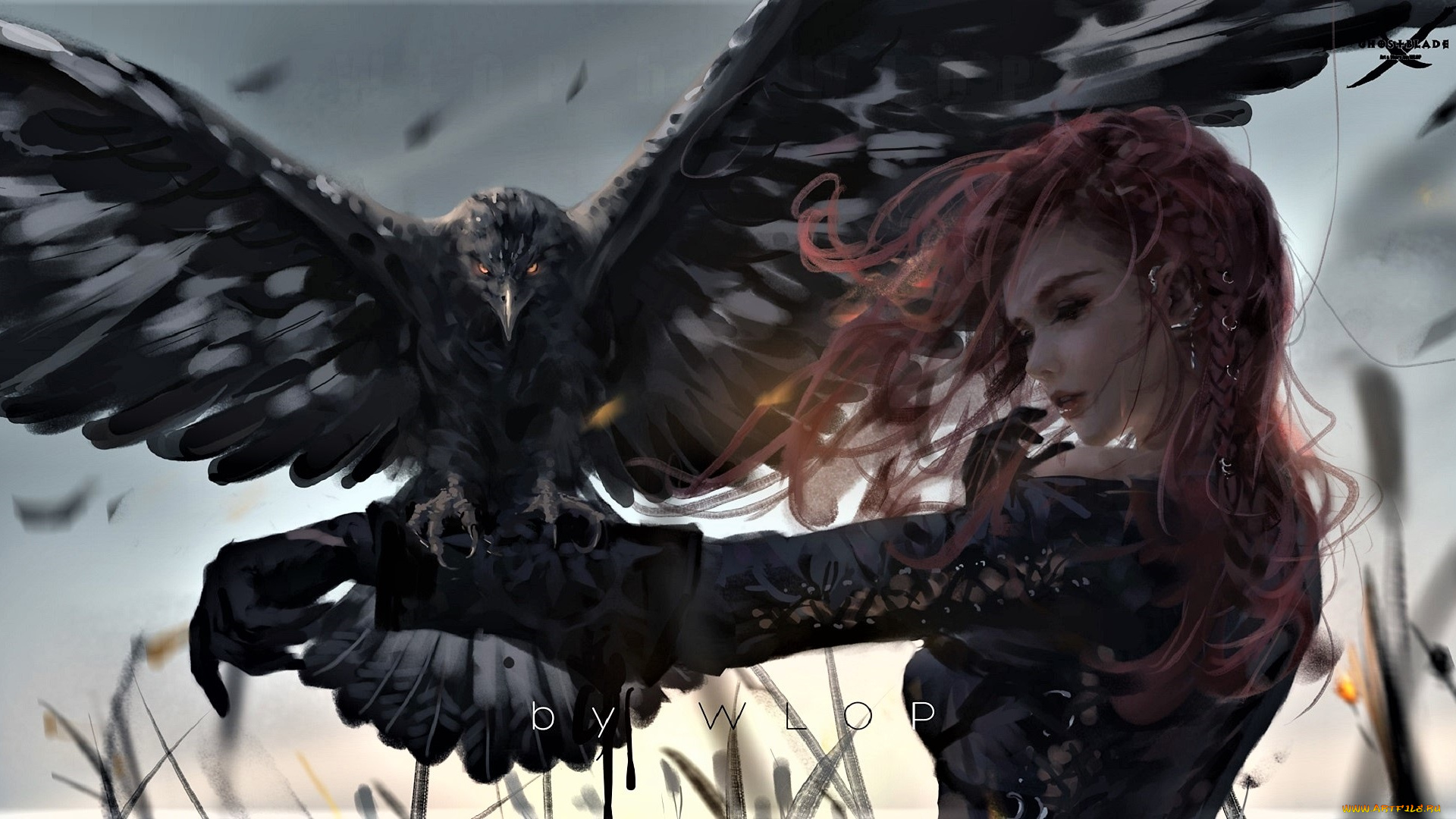 фэнтези, _ghost, blade, , , призрачный, клинок, девушка, перчатка, птица