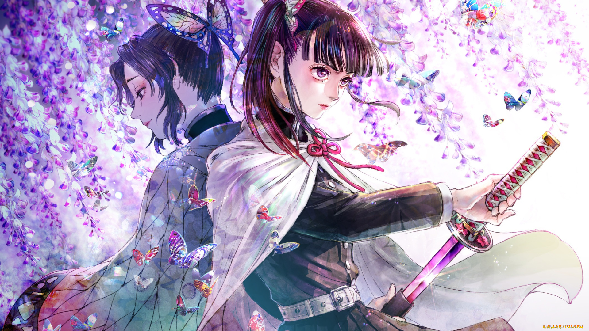 клинок, рассекающий, демонов, аниме, demon, slayer, , kimetsu, no, yaiba, kimetsu, no, yaiba, девушка, взгляд, хашера, kochou, shinobu, бабочки, kanao, tsuyuki