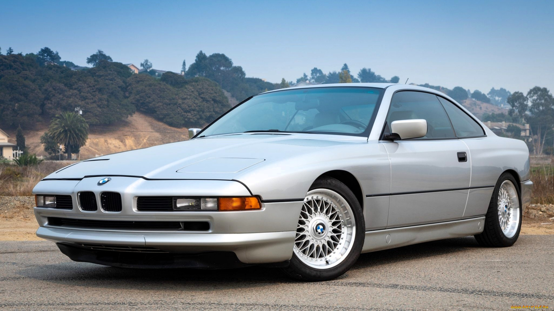 bmw, e31, автомобили, bmw, серебристый, площадка, склон, деревья