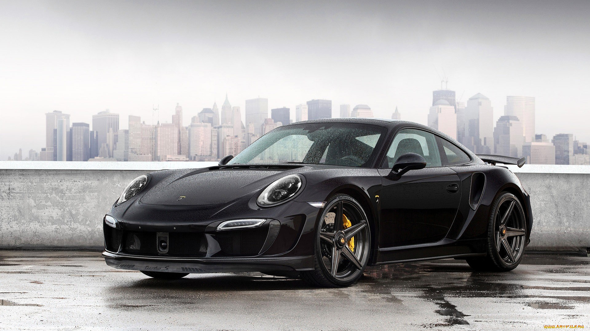 porsche, 911, автомобили, porsche, черный, площадка, город, туман