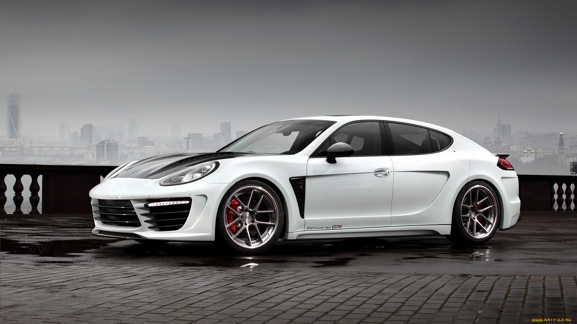 porsche, panamera, автомобили, porsche, белый, площадка, город, туман