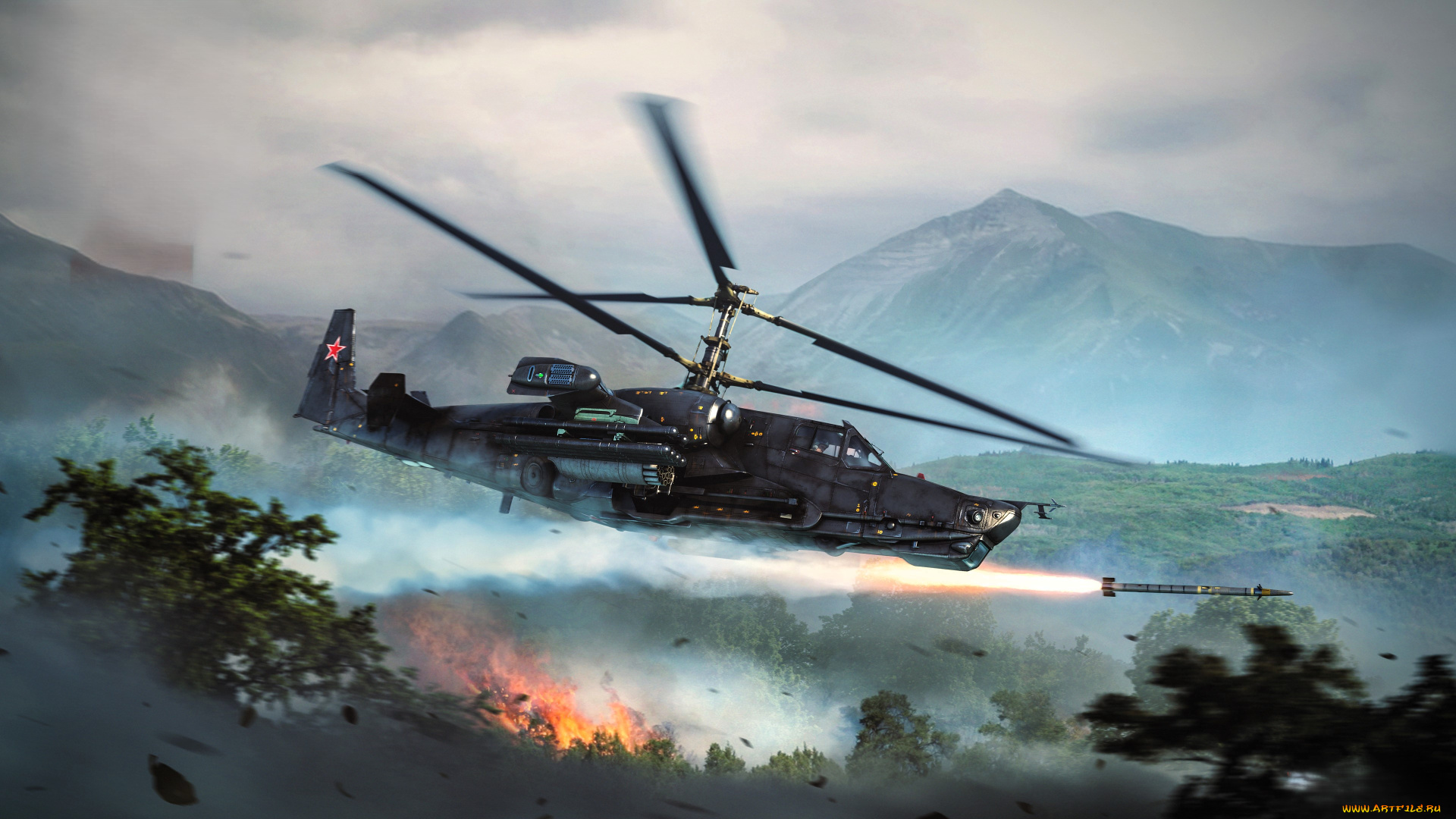 видео, игры, war, thunder, вертолет, черная, акула, ракета, горы, деревья